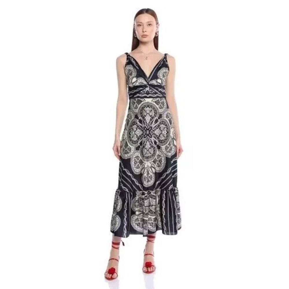 Caroline Constas womens Navy Paisley Satin Tie Back Long Maxi Dress size Medium